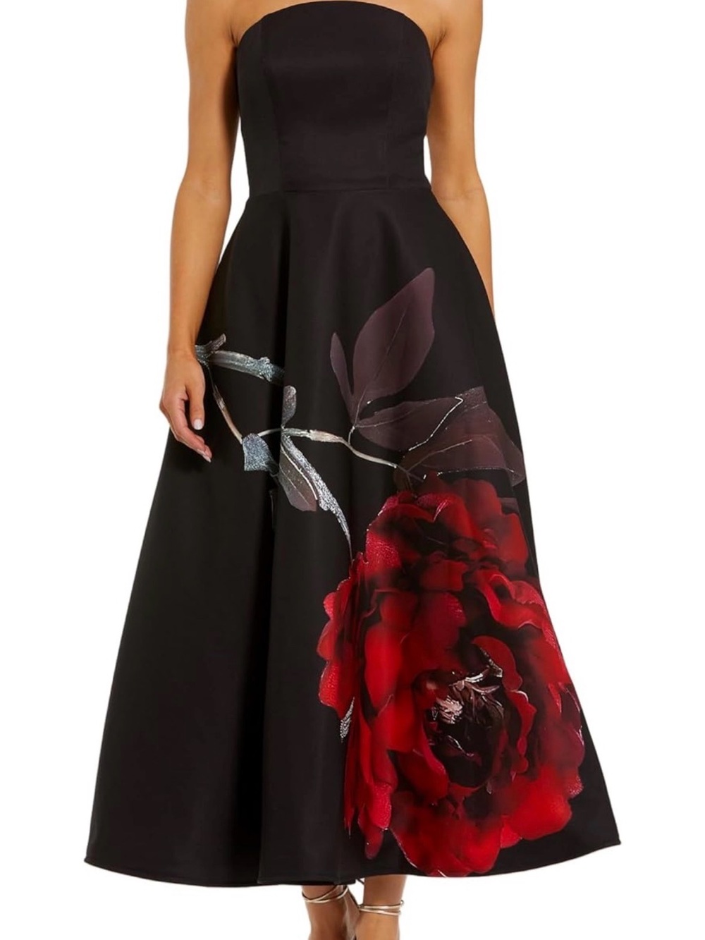 Mac Duggal Strapless Black Gown with Red Floral Accent